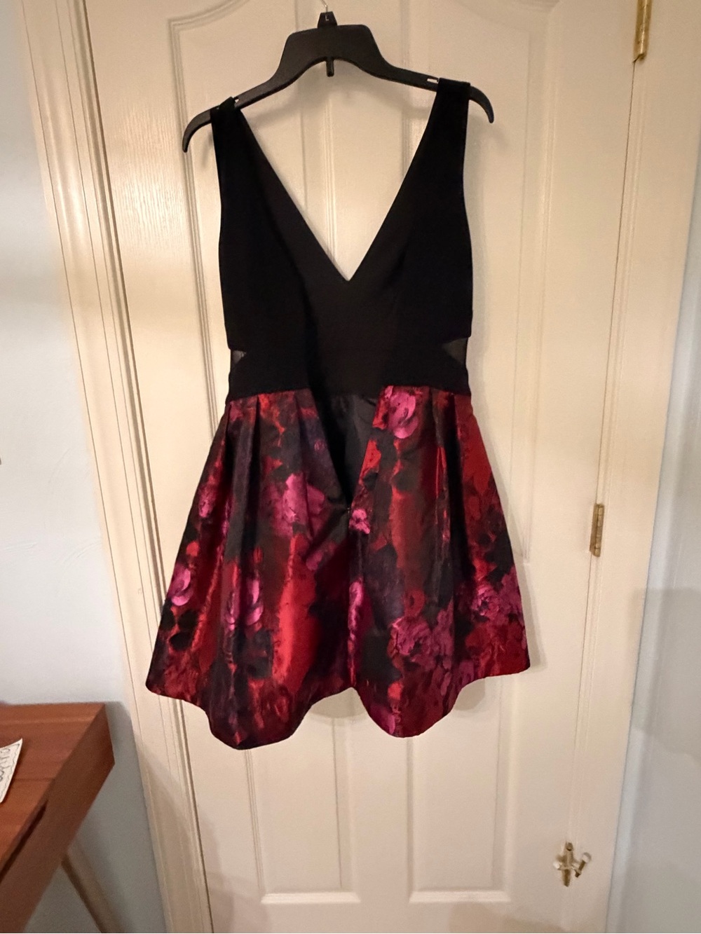 As U Wish Black Bodice Mini Dress with Red and Pink Floral Skirt - Picture 2 of 4